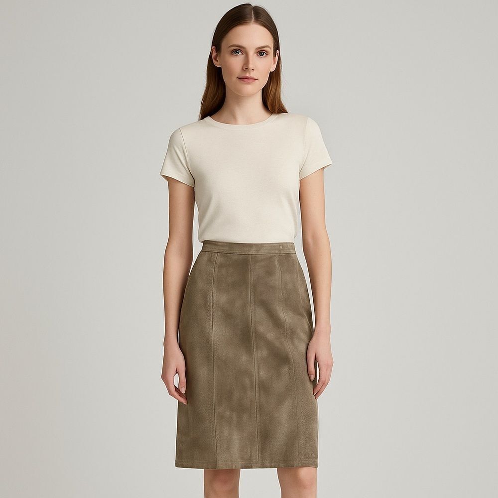 Vintage Leather Suede Knee Length Pencil Midi Skirt